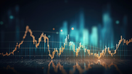 Perspective view of stock market growth, business investing and data concept with digital financial chart graphs, diagrams and indicators on dark blue blurry background.