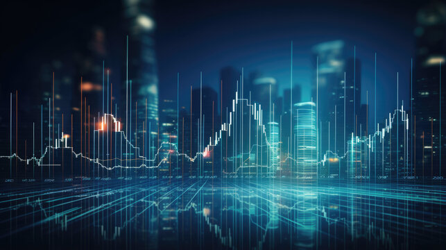 Perspective view of stock market growth, business investing and data concept with digital financial chart graphs, diagrams and indicators on dark blue blurry background.
