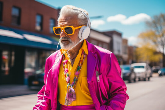 An elderly man dressed in nineties fashion walks down the street and listens to music. Bright colors.