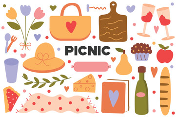 Picnic flat cartoon set. In this picture you can find everything for a successful picnic: delicious food, beautiful dishes, and other elements. Vector illustration.