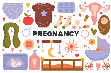 Pregnancy flat cartoon set. A whimsically designed illustration set in cartoon style, featuring a range of essential items for expectant mothers during pregnancy. Vector illustration.