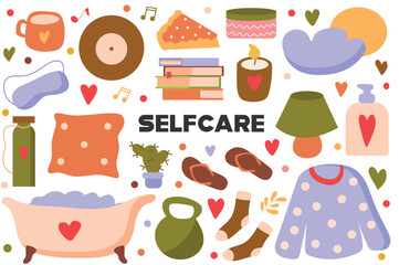 Self care flat cartoon set. This vivid illustration shows the things you need to keep your body beautiful and healthy. Vector illustration.