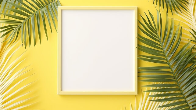 Summer theme with blank yellow paper palm leaves and photo frame on a pastel gray background in a flat lay