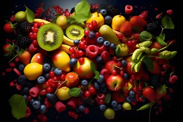 Fruits and berries on a black background. Healthy food concept
