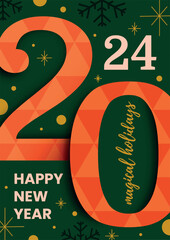 Holiday card with 2024 year. Retro style poster. Happy New Year and wish you a happy holiday weekend.