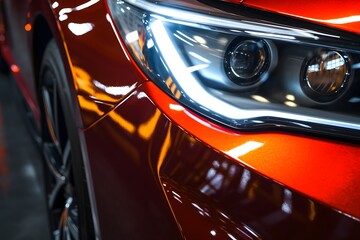 Close up detail of the headlight of a red sport car
