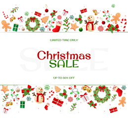 Fototapeta na wymiar Christmas horizontal sale card with colorful realistic decorations