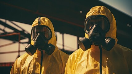 Two persons in protective gas mask and yellow suits in seriously infected places