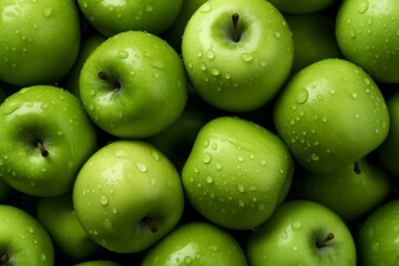 Green apples background with water drops