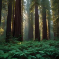 A forest of towering redwood trees, their branches adorned with tiny, bioluminescent fireflies1