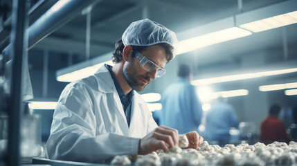 Shot of caucasian male technologist at a food factory and doing quality control