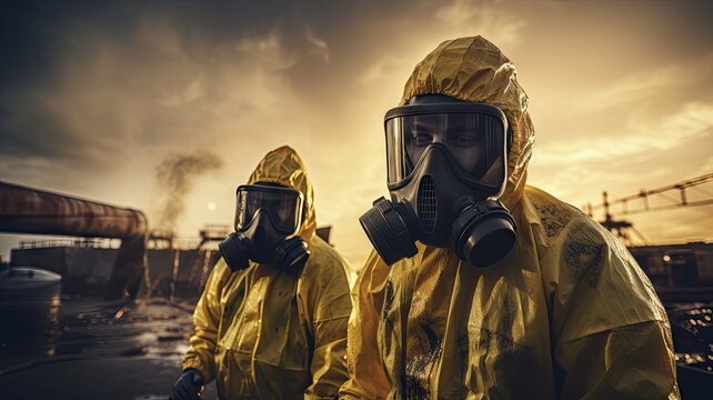 Two persons in protective gas mask and yellow suits in seriously infected places