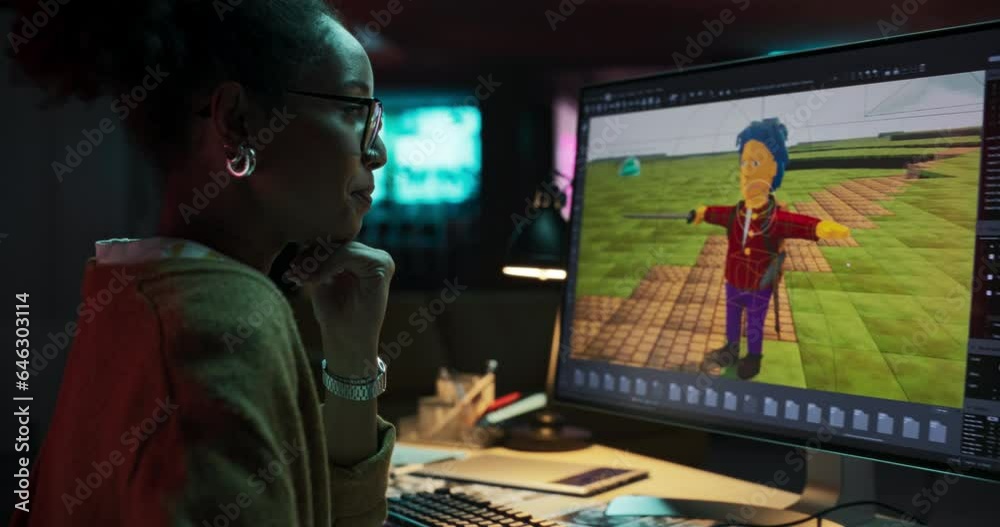 Poster zoom in portrait of black female video game designer creating metaverse and design video game charac