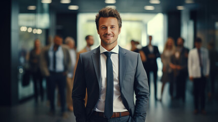 Young and successful businessman standing confidently at office - obrazy, fototapety, plakaty