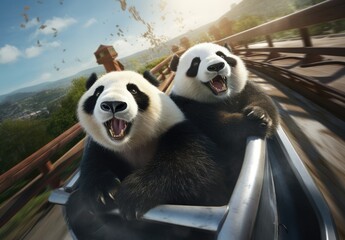 Happy panda on the roller coaster in the amusement park. Enjoying togetherness with Chinese mascot...