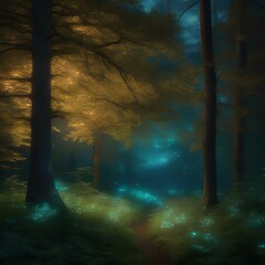 A forest clearing filled with trees adorned with glowing, bioluminescent leaves1