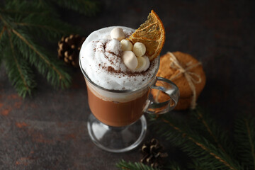 Concept of sweet drink, tasty cocoa drink with marshmallow
