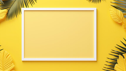 Summer theme with blank yellow paper palm leaves and photo frame on a pastel gray background in a flat lay - obrazy, fototapety, plakaty