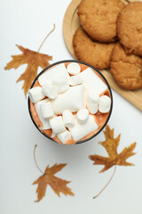Concept of sweet drink, tasty cocoa drink with marshmallow, top view