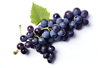 Fototapeta premium Bunch of black grapes with green leaves on white background