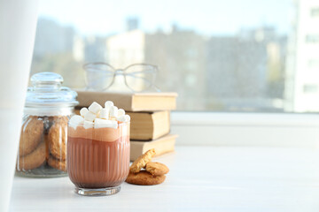 Concept of sweet drink, tasty cocoa drink with marshmallow, space for text