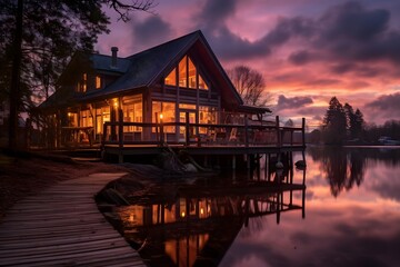 Fototapeta premium A house on the lake at sunset