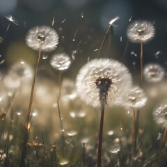 A meadow filled with floating, ethereal dandelion seeds, creating a dreamlike atmosphere1