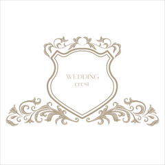 Vintage Wedding Crest with Floral Decor. Vector.