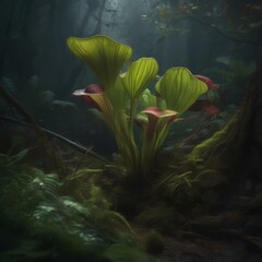 A mysterious, carnivorous plant lurking in a dark, enchanted forest, ready to capture its prey1