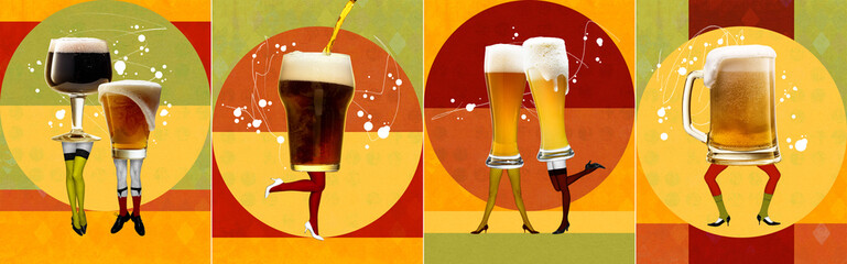 Human legs with glasses of delicious lager foamy beer on colorful background. Contemporary art collage. Concept of traditional festival, alcohol drink, oktoberfest, party and taste. Banner, poster, ad