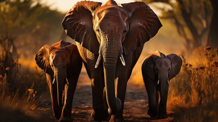 Fototapeta premium elephants walking with their calf on a forest plain