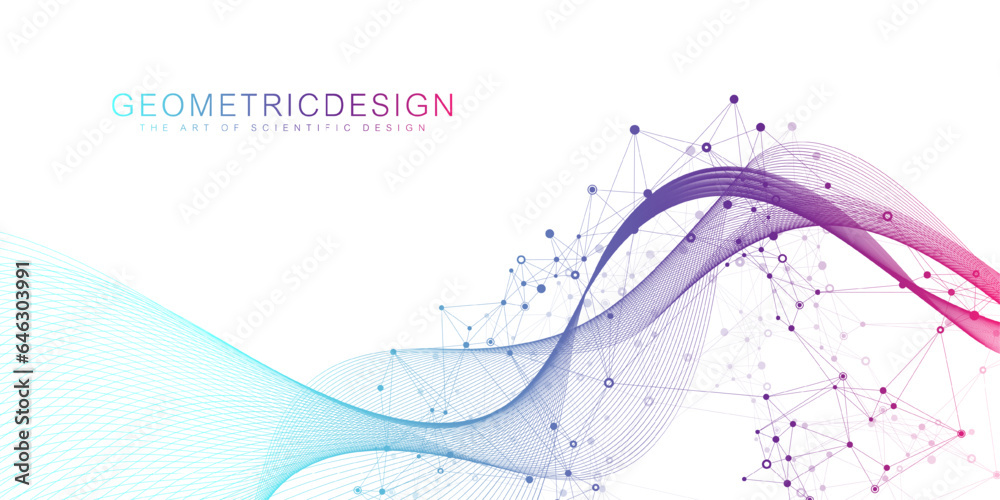 Aufkleber Digits abstract background with connected line and dots, wave flow. Digital neural networks. Network and connection background for your presentation. Graphic polygonal background. Vector illustration.