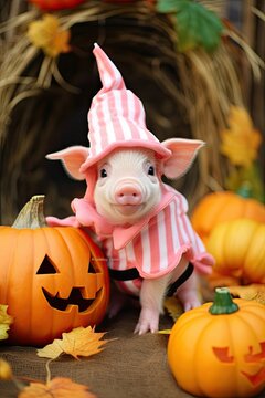 Cute domestic little pig with Halloween costume and pumpkin. Generative AI