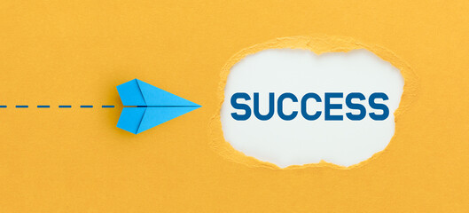 Business for successful concept. Paper plane with success icon on yellow background