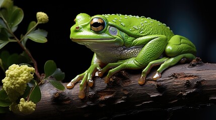 Naklejka premium green frog on a twig on a dark background