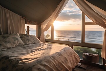 Interior of a hotel bedroom with a view of the sea