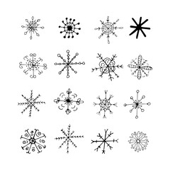 Set of snowflakes in doodle style on a white background. Christmas and New Year winter icons.