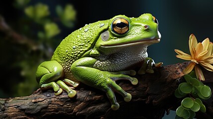 Fototapeta premium green frog on a twig on a dark background