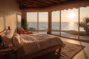 A bedroom with a bed and a window overlooking the ocean