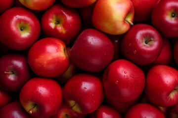 Red apples background with water drops, Top view