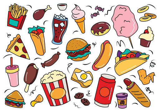 Flat cartoon set of fast food. These color pictures attract viewers with not useful, but very tasty food - fast food. Vector illustration.