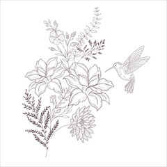 Wedding Bouquet with Begonia. Line Art Illustration. - 646304382