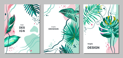 Set of templates with tropical leaves and abstract elements on a white background. Leaves of Monstera, Palm, Alocasia, Philodendron. Group of vertical covers with text. Vector. © Oksana_Skryp
