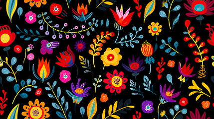 Naklejka premium Seamless Colorful floral art collage texture with modern exotic and retro-style colors and shapes. Repeatable texture for wall art, tapestry and art designs.
