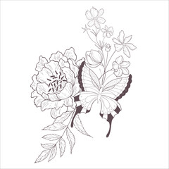 Wedding Bouquet with Wild rose. Line Art Illustration. - 646304560
