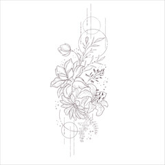 Wedding Bouquet with Begonia. Line Art Illustration.