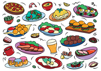 Flat cartoon set dinner. Captivating set of illustrations capturing the essence of a colorful and diverse dinner experience. Vector illustration.