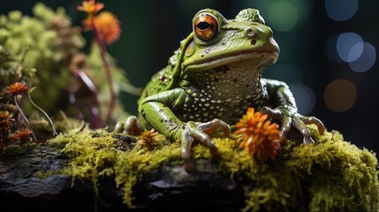 Laughing frog on a mossy rock on a darker background