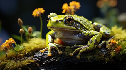 Laughing frog on a mossy rock on a darker background