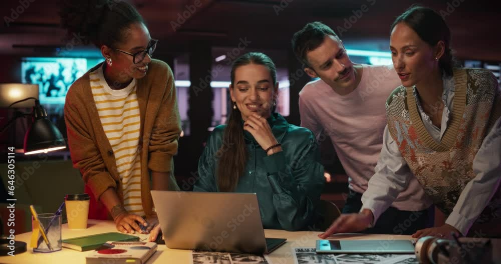 Aufkleber multiethnic group of people use laptop computer to discuss work in creative office conference meetin